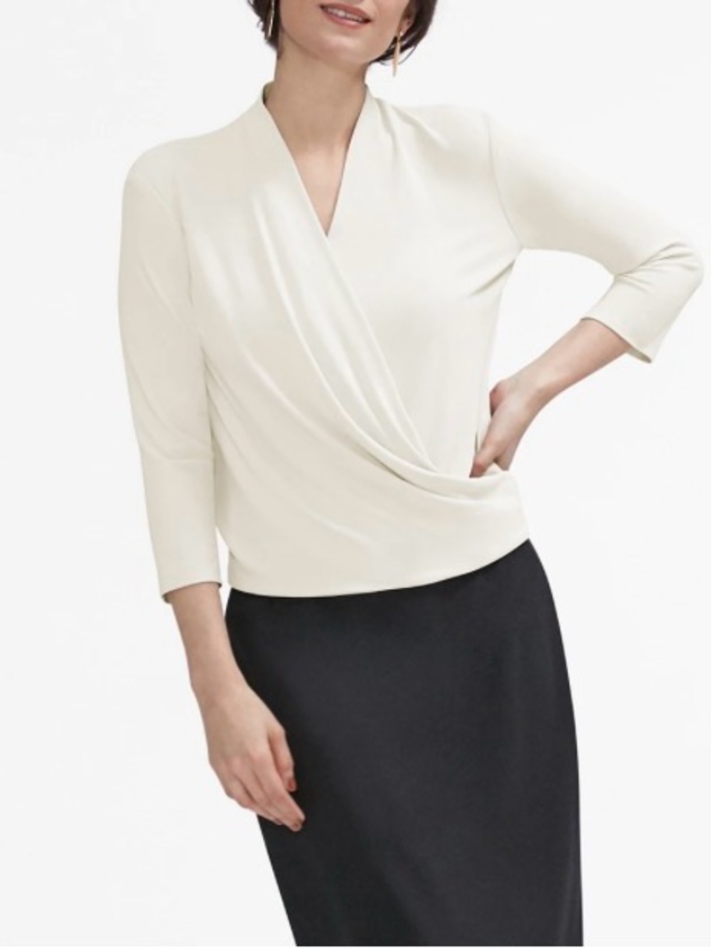 MM LaFleur Deneuve Cream Top Blouse  Wrap-Front 3/4 Sleeve Sz M